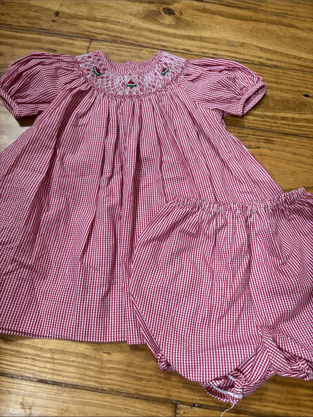 Petit Pomme Size 9 Months Smocked Red & White Watermelon Dress w/Diaper Cover